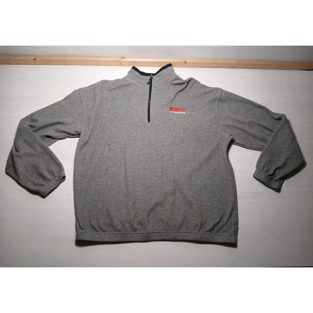 Vintage ESPN The Magazine Fleece Pullover Jacket Mens XL Gray 1/4 Zip Mock Neck
